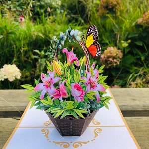 Lily basket Pop Up Card, 3D-kaarten, kerstkaart, wenskaarten, Happy Birthday Gift card, handgemaakte kaart, papier ambacht,