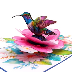Carte pop-up colibri, cartes 3D, carte d'anniversaire, cartes de voeux, carte-cadeau de joyeux anniversaire, carte faite main, créations en papier, carte de fleurs,