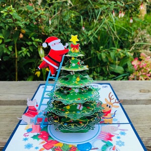 Arbre de Noël avec carte pop up du Père Noël, cartes 3D, carte de Noël, cartes de vœux, carte cadeau de joyeux anniversaire, carte faite à la main, artisanat en papier,