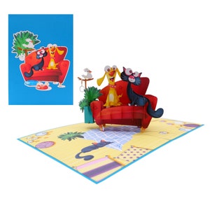 Carte pop-up chien chat sur le canapé, cartes 3D, carte d'anniversaire, cartes de voeux, carte-cadeau de joyeux anniversaire, carte faite main, créations en papier, carte de fleurs,