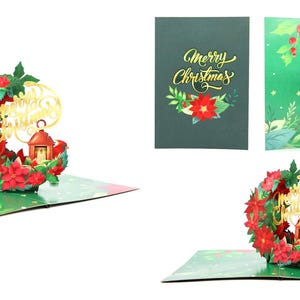 Carte pop-up couronne de poinsattia de Noël, cartes 3D, carte de Noël, cartes de voeux, carte-cadeau de joyeux anniversaire, carte faite main, travaux manuels en papier,