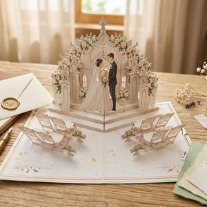 Op de afbeelding: Een driedimensionale pop-up wenskaart met een huwelijksscène waarin een koppel onder een bloemenboog staat, omringd door rijen miniatuurstoeltjes. De kaart is crèmekleurig met gedetailleerde papieren uitsparingen en gouden accenten.