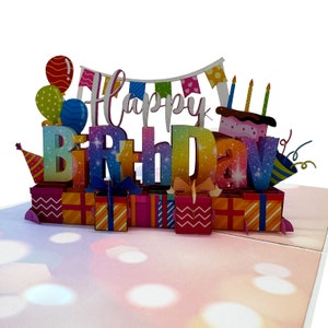 Carte pop-up avec texte joyeux anniversaire, cartes 3D, carte d'anniversaire, cartes de voeux, carte-cadeau de joyeux anniversaire, carte faite main, créations en papier, carte de fleurs,