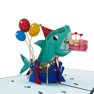 Carte pop-up requin joyeux anniversaire, cartes 3D, carte de Noël, cartes de voeux, carte-cadeau de joyeux anniversaire, carte faite main, travaux manuels en papier,