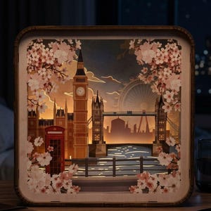 May include: A square, illuminated paper-cut light box featuring a layered silhouette of London landmarks, including Big Ben, Tower Bridge, and a red telephone booth, framed by delicate pink cherry blossom branches against a warm, glowing sunset.