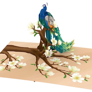 Carte pop-up paon magnolia, cartes 3D, carte de Noël, cartes de voeux, carte-cadeau de joyeux anniversaire, carte faite main, travaux manuels en papier,