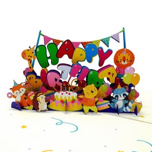 Carte pop-up joyeux anniversaire animaux, cartes 3D, carte d'anniversaire, cartes de voeux, carte-cadeau de joyeux anniversaire, carte faite main, travaux manuels en papier, carte de fleurs,