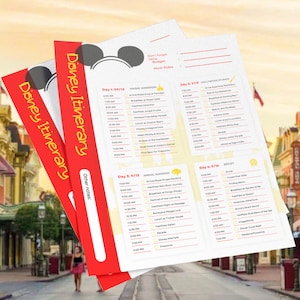 May include: A red and white Disney itinerary planner with a Mickey Mouse head logo. The planner includes a daily schedule for a four-day trip to Disney World, with details for each park: Magic Kingdom, Hollywood Studios, Animal Kingdom, and Epcot. The planner also includes a section for other notes.