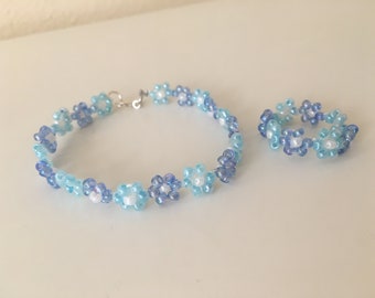 Daisy Bracelet set For Women with Summer Jewelry, Beaded Flower Bracelet, Beaded Daisy Bracelet, Blue Flower Bracelet, Trendy  Bracelet