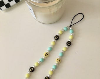 Yellow Happy Face and Black Happy Face Phone Charm, Y2K Phone Strap, Yellow and Green Phone Accessories, Kawaii Phone lanyard, Lucky, Gifts