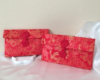 Vintage Brocade Red Envelope Pouch | Dragon Floral Pattern, Lucky Money Holder