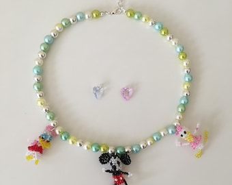 Handmade Mickey and Daisy Duck Pearl Necklace, Fun Disney Style