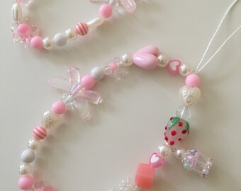 Strawberry Cup Cake Phone Charm: Pink Kpop Y2k Beaded Phone Strap