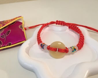 Handmade Yellow Jade Bracelet: Lucky Red String Charm/ Chinese Style Bracelet