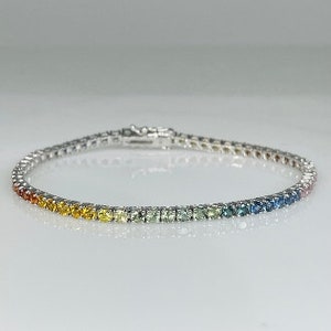 14K White Gold Rainbow Sapphire Tennis Bracelet 5.2ct