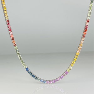 14K White Gold Rainbow Sapphire Tennis Necklace 17.69ct