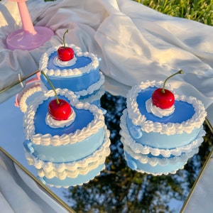 Baby Blue Cherry Fake Cake - Small Mirror Jewelry Storage Box - Trinket Prop Decor- Maximalist Aesthetic Kawaii Ring Necklace Holder