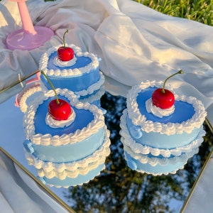 Faux gâteau cerise bleu bébé - petite boîte de rangement de bijoux miroir - bibelot accessoire de décoration - porte-collier bague Kawaii esthétique maximaliste