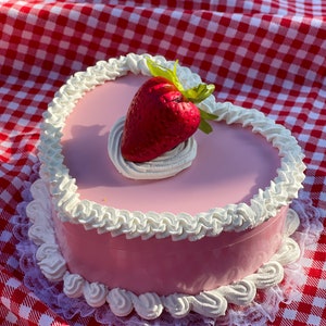 Strawberry Pink Frosted Fake Cake - Cute Heart Mirror Jewelry Box Gift - Decor Trinket for Rings Necklaces