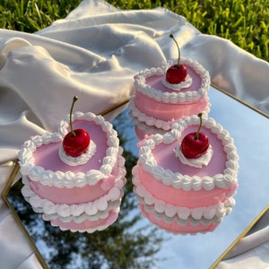 Pink Cherry Baby Fake Cake - Small Mirror Jewelry Storage Box - Maximalist Aesthetic Kawaii Ring Necklace Holder - Faux Decor Trinket Prop