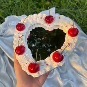 Heart Fake Cake Sprinkle Cherry Mirror - White Hangable Desktop Kawaii Faux Room Decor