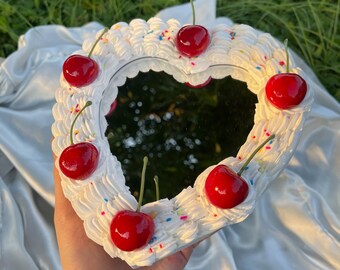 Heart Fake Cake Sprinkle Cherry Mirror - White Hangable Desktop Kawaii Faux Room Decor
