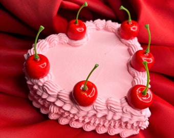 Heart Cherry Fake Cake, Cottacore Photo Prop, Aesthetic Y2K Cake, Faux Cake 4inch