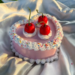 Cherry Sprinkle Fake Cake Box - Heart Maximalist Decor Prop - Birthday Cake - Unique Necklace Ring Earring Storage Stashbox with Mirror