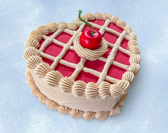 Cherry Pie Fake Cake Jewelry Storage Box - Heart Shaped Faux Cake Maximalist Decor - Unique Pastry Themed Ring Necklace Makeup Trinket Box