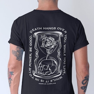 Memento Mori Memento Vivere Hourglass Skull Rose Unisex T-Shirt, Marcus Aurelius, Stoic Philosopher, Stoicism, Philosophy Gift for Him Her