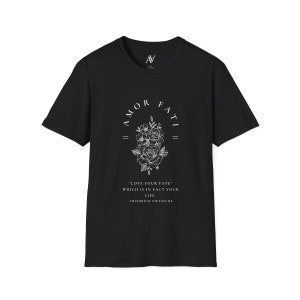 May include: Black t-shirt with a white graphic print of a floral design and the text "AMOR FATI = = "LOVE YOUR FATE" WHICH IS IN FACT YOUR LIFE -FRIEDRICH NIETZSCHE"