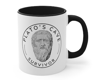 Platons Höhlenüberlebende antike griechische Philosophie Schwarz-Weiß-Ton Kaffeebecher 11oz, griechischer Philosoph, Abschlussgeschenk für Ihn Sie