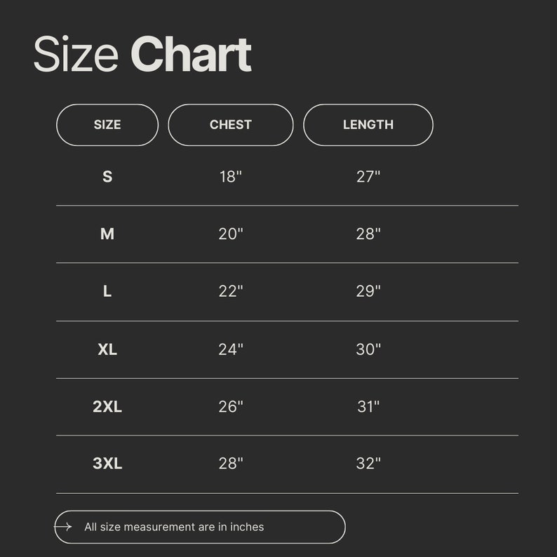 May include: Size chart for clothing with columns for size, chest measurement in inches, and length measurement in inches. Sizes include S, M, L, XL, 2XL, and 3XL.