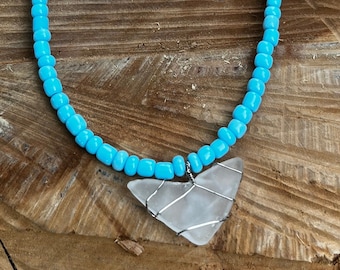 Blue Seed Bead Necklace with Seaglass Pendant, Czech Bead Necklace, Beaded Necklace for Women, Blue Beaded Necklace, Seaglass Jewelry, Beach