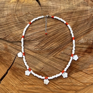 Seed Bead Necklace with Orange Accents and 5 Small Flower Charms, Czech Bead Necklace, Colorful Beaded Necklace, Boho Handmade Jewelry