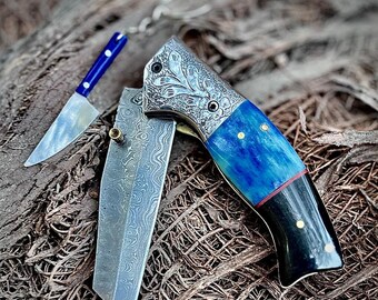 handamde damascus steel folding pocket knife