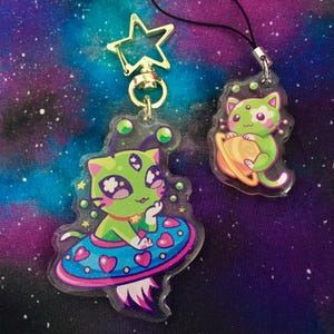Alien Cat 2.5 inch Glitter Epoxy Acrylic Charm and Alien Kitten 1.5 inch Phone Charm