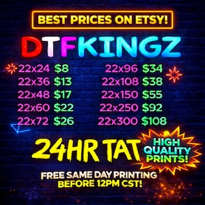 May include: A neon sign on a dark blue brick wall advertises "BEST PRICES ON ETSY!" and "DTFKINGZ." Various sizes and prices are listed, along with "24HR TAT" and "HIGH QUALITY PRINTS!" The text "FREE SAME DAY PRINTING BEFORE 12PM CST!" is also displayed.