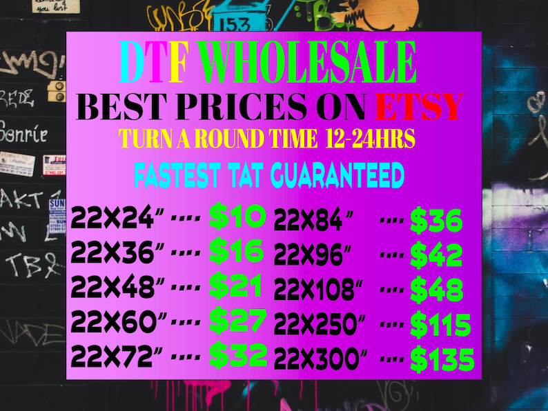 May include: A purple and pink graphic with text that reads "DTF WHOLESALE BEST PRICES ON ETSY" and a list of sizes and prices. The text "TURN A ROUND TIME 12-24HRS" and "FASTEST TAT GUARANTEED" are also included.