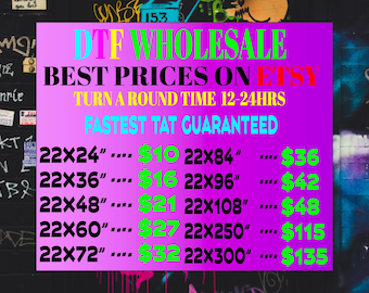 May include: A purple and pink graphic with text that reads "DTF WHOLESALE BEST PRICES ON ETSY" and a list of sizes and prices. The text "TURN A ROUND TIME 12-24HRS" and "FASTEST TAT GUARANTEED" are also included.