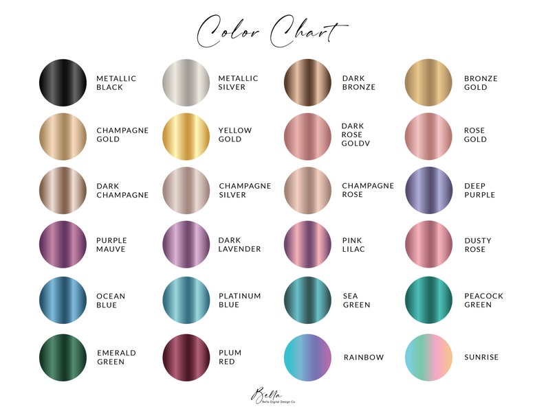 May include: Color chart with 20 different color swatches. The colors include metallic black, metallic silver, dark bronze, bronze gold, champagne gold, yellow gold, dark rose gold, rose gold, dark champagne, champagne silver, champagne rose, deep purple, purple mauve, dark lavender, pink lilac, dusty rose, ocean blue, platinum blue, sea green, peacock green, emerald green, plum red, rainbow, and sunrise.