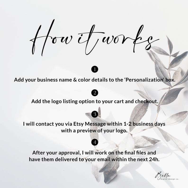 May include: How it works: A four-step process for creating a custom logo. Add your business name and color details, add the logo listing option to your cart, receive a preview of your logo within 1-2 business days, and receive the final files within 24 hours of approval.