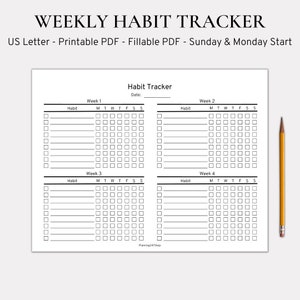 Weekly Habit Tracker | Fillable Habit Tracker | Habit Tracker Printable | Horizontal Habit Tracker | Goal Tracker | 7 Day Habit Challenge