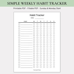 Simple Weekly Habit Tracker | Vertical Habit Tracker | Habit Tracker PDF | Fillable Habit Tracker | Goal Tracker | 7 Day Habit Challenge