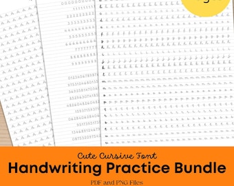 Può includere: Un pacchetto di pratica di scrittura stampabile con 90 pagine che presenta un grazioso font corsivo. Le pagine sono rigate e includono fogli di pratica per ogni lettera dell'alfabeto.