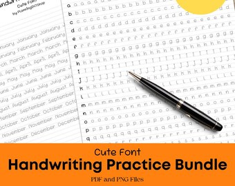 Può includere: Un foglio di pratica di scrittura stampabile in bianco e nero con un carattere grazioso. Il foglio include l'alfabeto dalla A alla Z, con ogni lettera ripetuta più volte. Il foglio è progettato per aiutare i bambini a esercitarsi nelle loro capacità di scrittura. Il testo sul foglio recita "Handwriting Practice Cute Font by Planning247Shop 90 Pages".