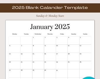 2025 Blank Calendar Template | Blank Calendar | Printable Blank Calendar | 12 Month Calendar | Editable Calendar | Minimalist Design