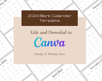 2024 Blank Calendar Template | Blank Calendar | Printable Blank Calendar | 12 Month Calendar | Editable Calendar | Minimalist Design