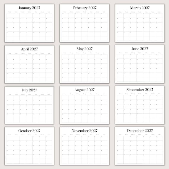 Simple Calendar Template | 2027 Calendar | 12 Month Calendar | Printable  Calendar | Digital Calendar | Editable Calendar | Basic Calendar