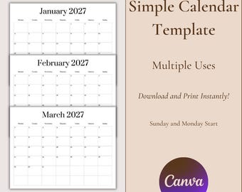 Simple Calendar Template | 2027 Calendar | 12 Month Calendar | Printable Calendar | Digital Calendar | Editable Calendar | Basic Calendar